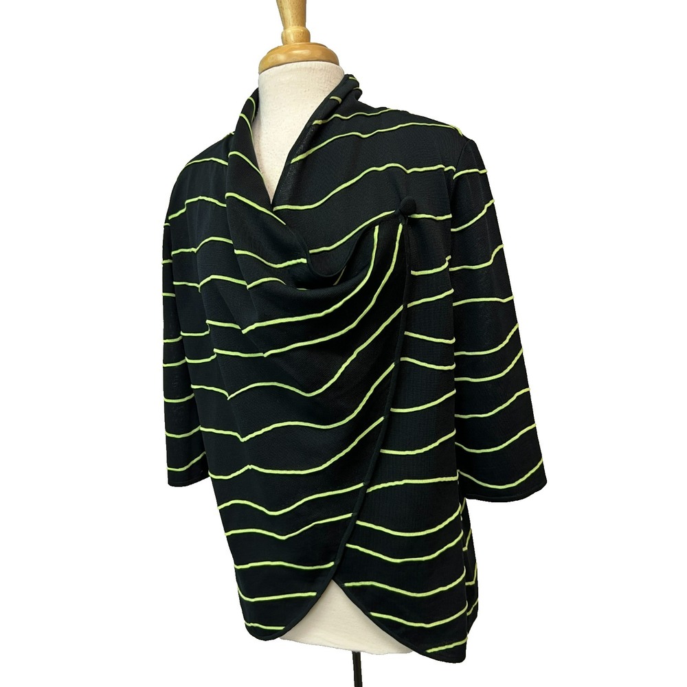 Ming Wang Crisscross‎ Cardigan Knit Black Lime Stripe 3/4 Sleeve SZ M